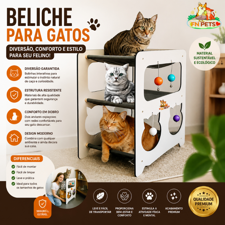Cama Beliche para Gatos 3 Andares com Brinquedos e Arranhador – Pet Casa Gato Luxo