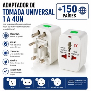Adaptador Tomada 1 a 4un Universal Padrão Internacional e USB 150 Países Viagem Bivolt