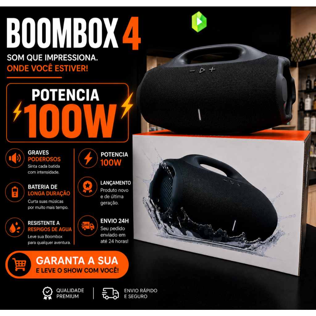 BOOMBOX 4 Caixa de Som GIGANTE 33CM/23CM 100W/50W ALTA POTÊNCIA, bluetooth 14H de Som , pen-drive , SD , Entrada Tipo-c
