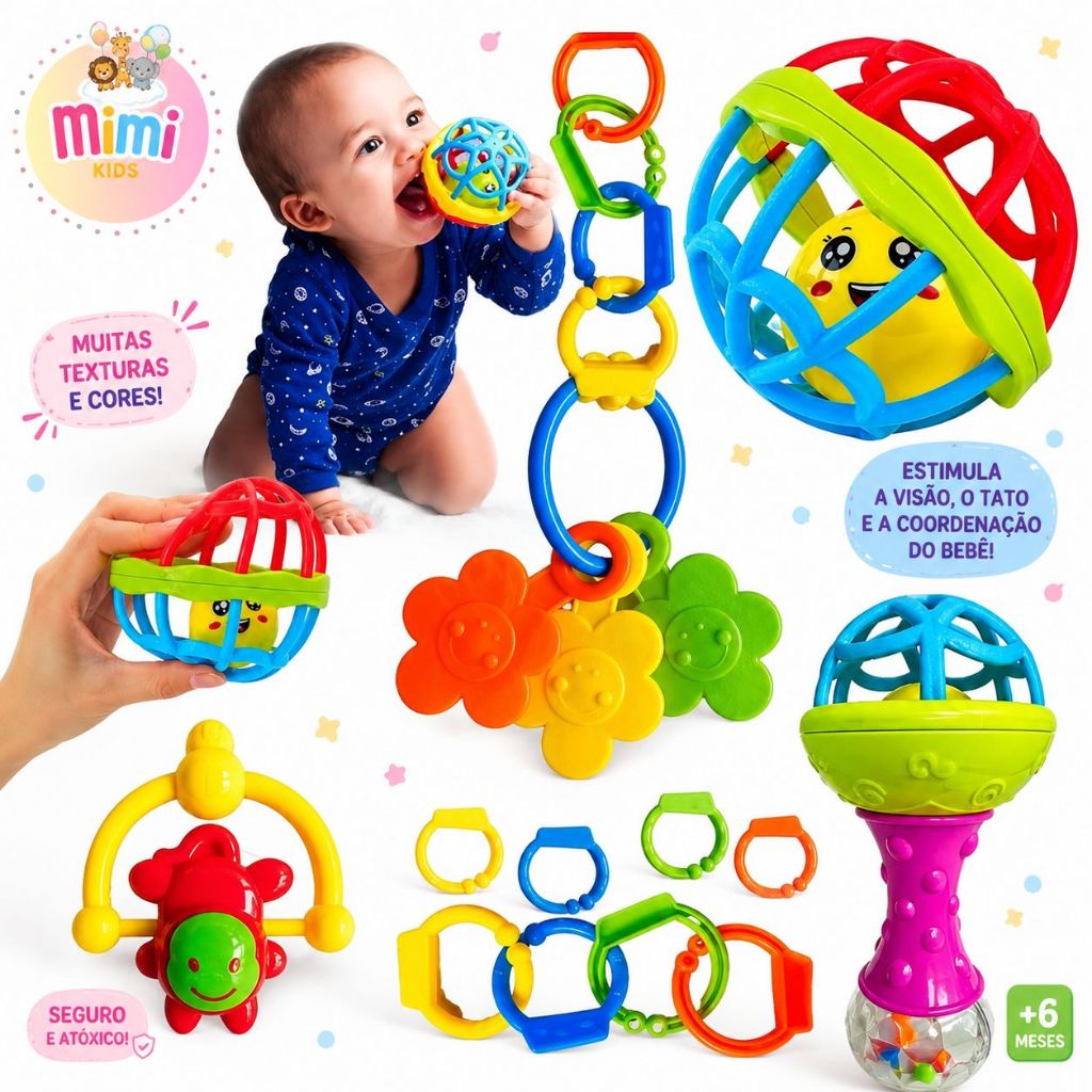 KIT Mordedor para Bebe Sensorial com Chocalho
