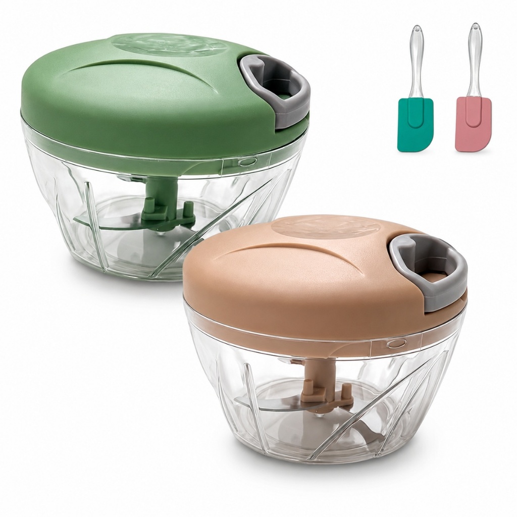 Kit Processador + Espátula Silicone Triturador Manual Alimentos 500ml 3 Lâminas Inox Picador Alho