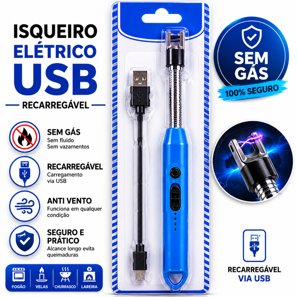 Isqueiro Eletrico Acendedor De Fogão Churrasqueira Vela com Recarga USB