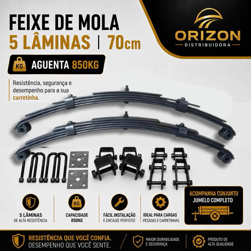 Feixe De Molas 5 Lâminas 70cm Capacidade  850KG + Conjunto Jumelos Carretinhas,Reboques,Trailers
