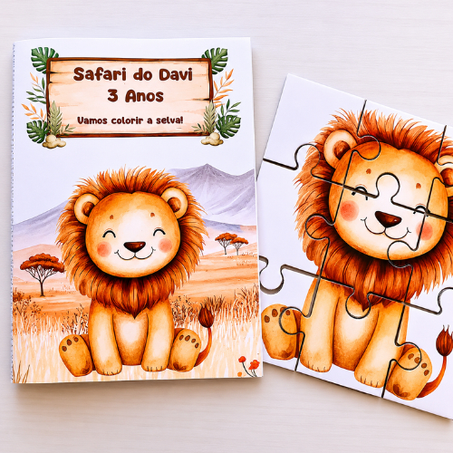 Kit 5 uni. Livrinho de Colorir + Quebra-Cabeça Personalizado Safari - Lembrancinha/Mimo/Aniversário