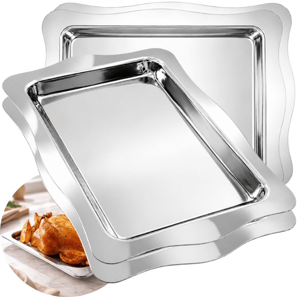 4 Assadeira Inox 47x31cm com Borda Decorada para Forno Servir Frango Assado Mesa Posta Buffet