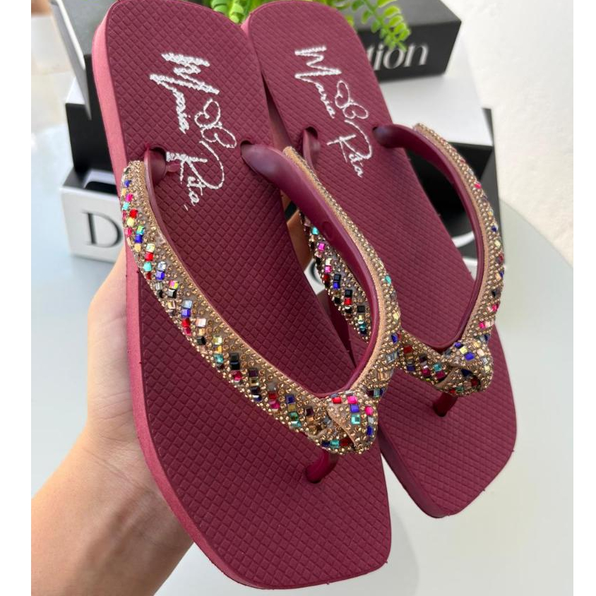 Chinelo De Dedo Feminino Adulto Com Correia de Strass Bico Quadrado G MR