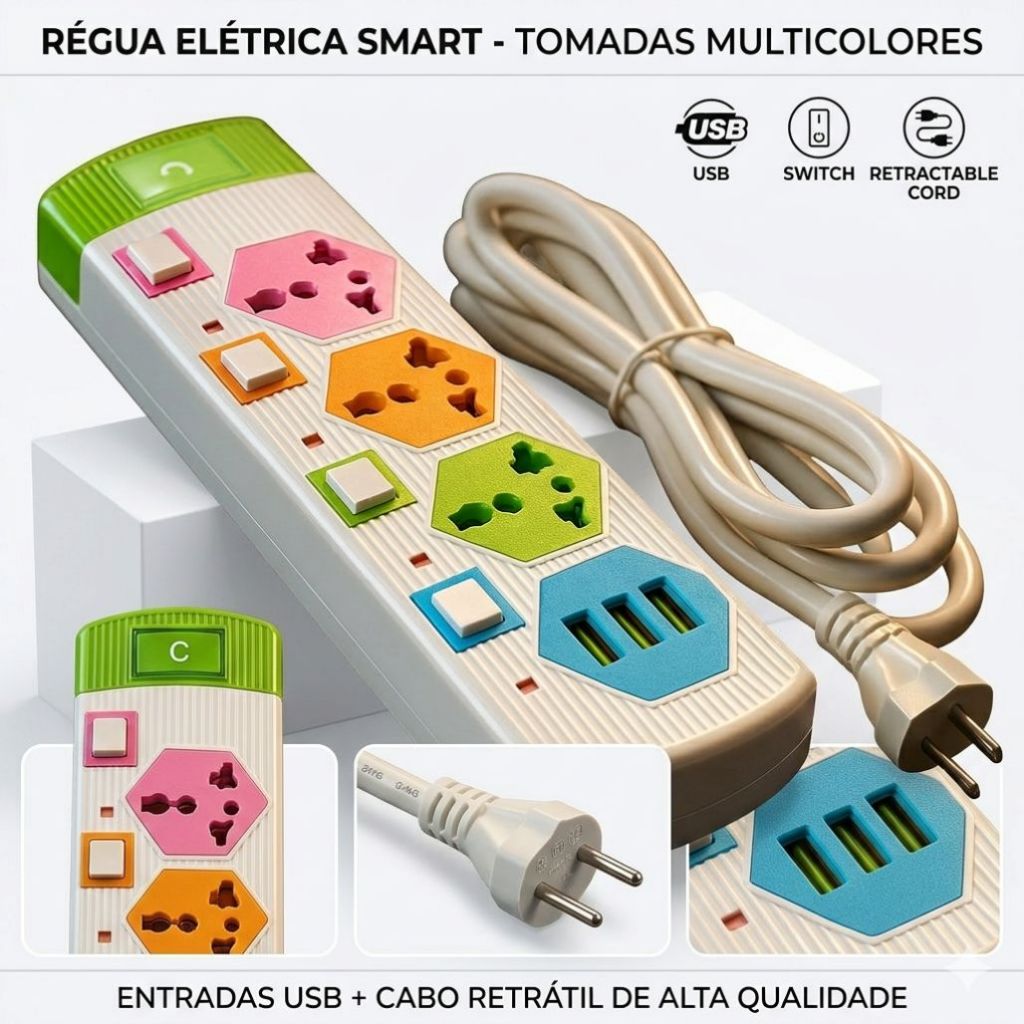 Extensão Profissional 2m Filtro de Linha 3 Tomadas + 3 USB 10A Bivolt com Botão