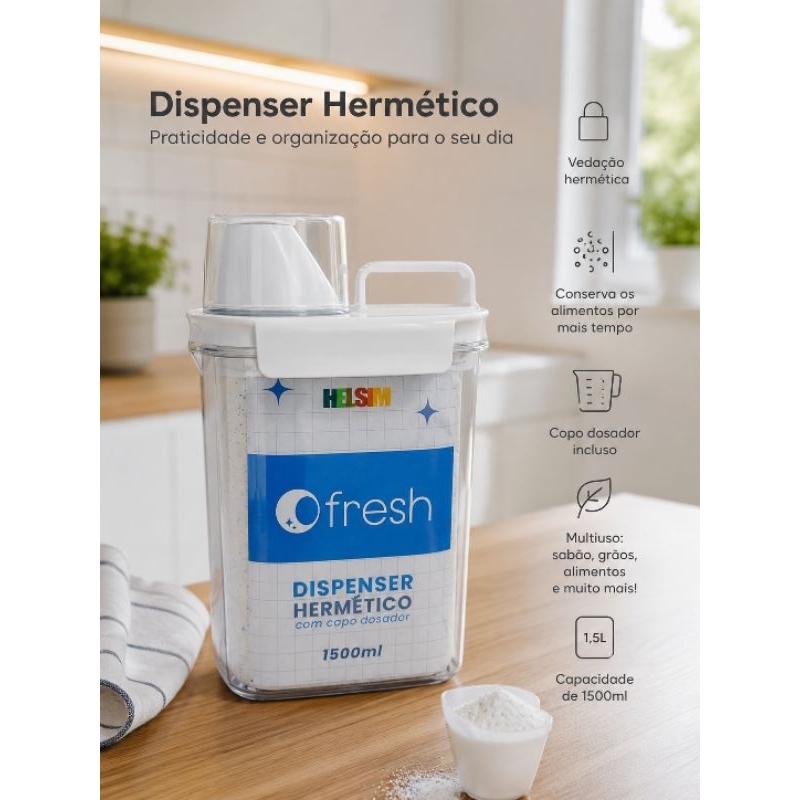 Pote porta sabão em pó, alimento, grãos e dispensar hermético 1500 ml vem com dosador Helsim