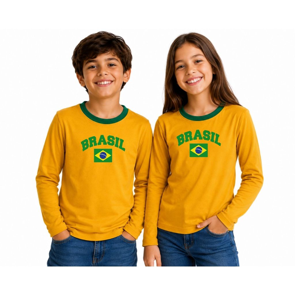 Camiseta Manga Longa Infantil Juvenil Unissex PV Malha Fria do 2 ao 14 Brasil Futebol Hexa
