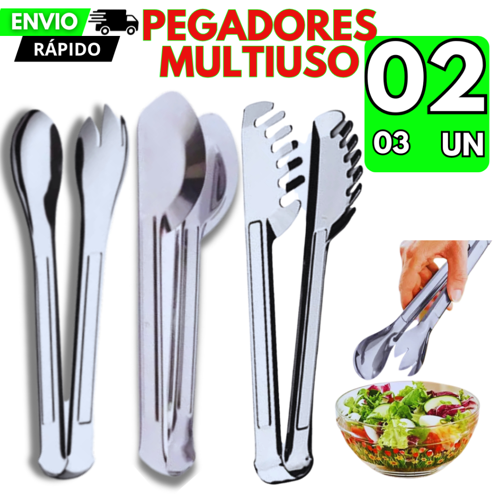 Jogo 03/02 Pegadores Salada Massas Multiuso Universal Qualidade Inox Durabilidade Cozinha Completa