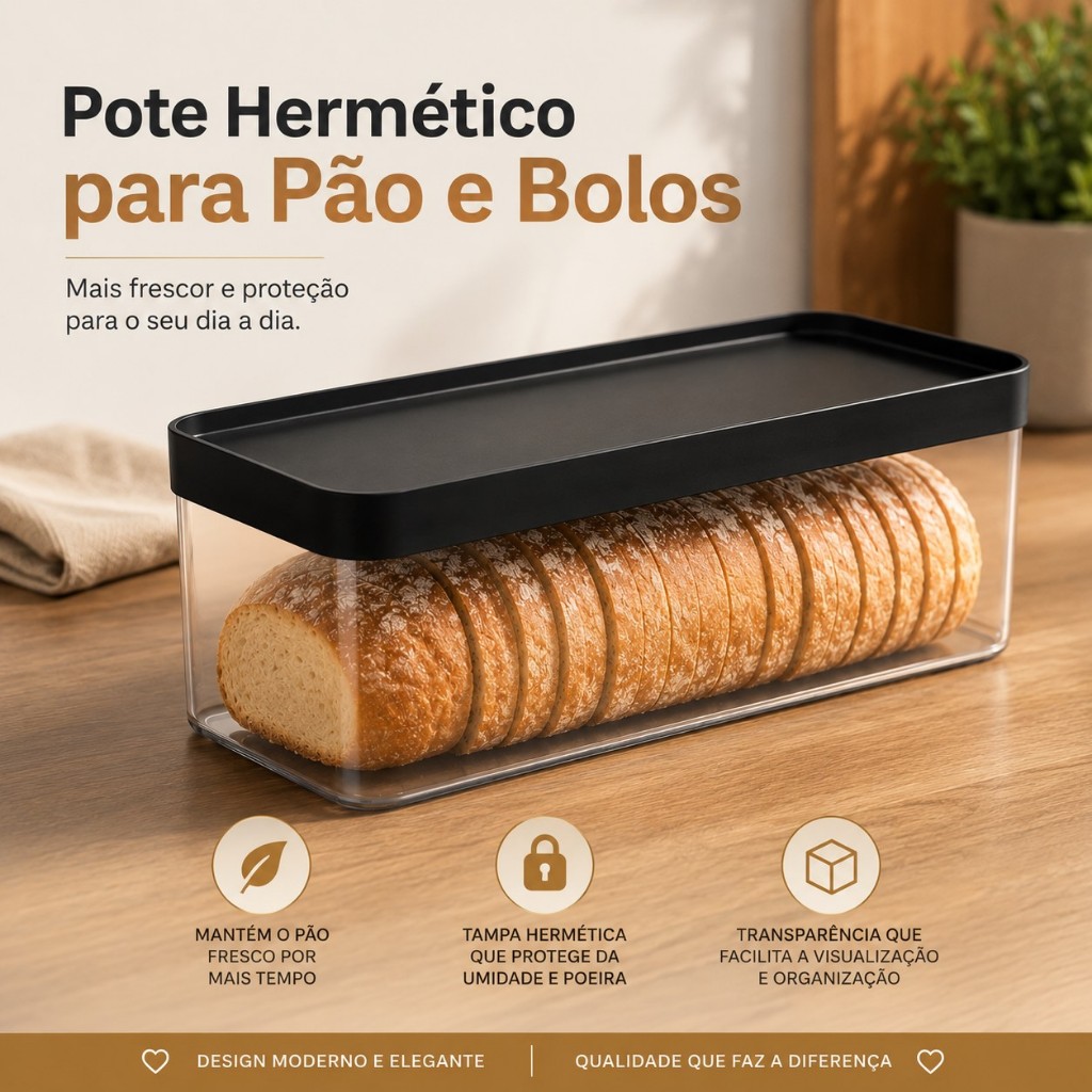 Pote Hermético Retangular Premium para Pães ,Bolos e Bolachas e outros Alimentos 1,5litros 25x13x9