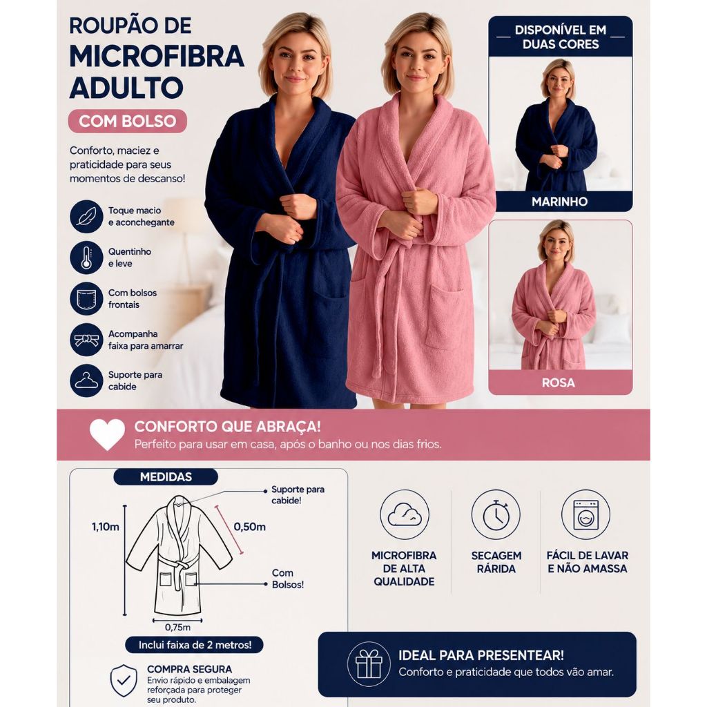 Roupão Adulto Premium Tamanho GG Unissex Com Bolso