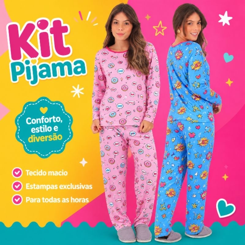 Kit Pijama Infantil Feminino 4 Peças Inverno Manga Longa Quentinho Confortável (2 Conjuntos)