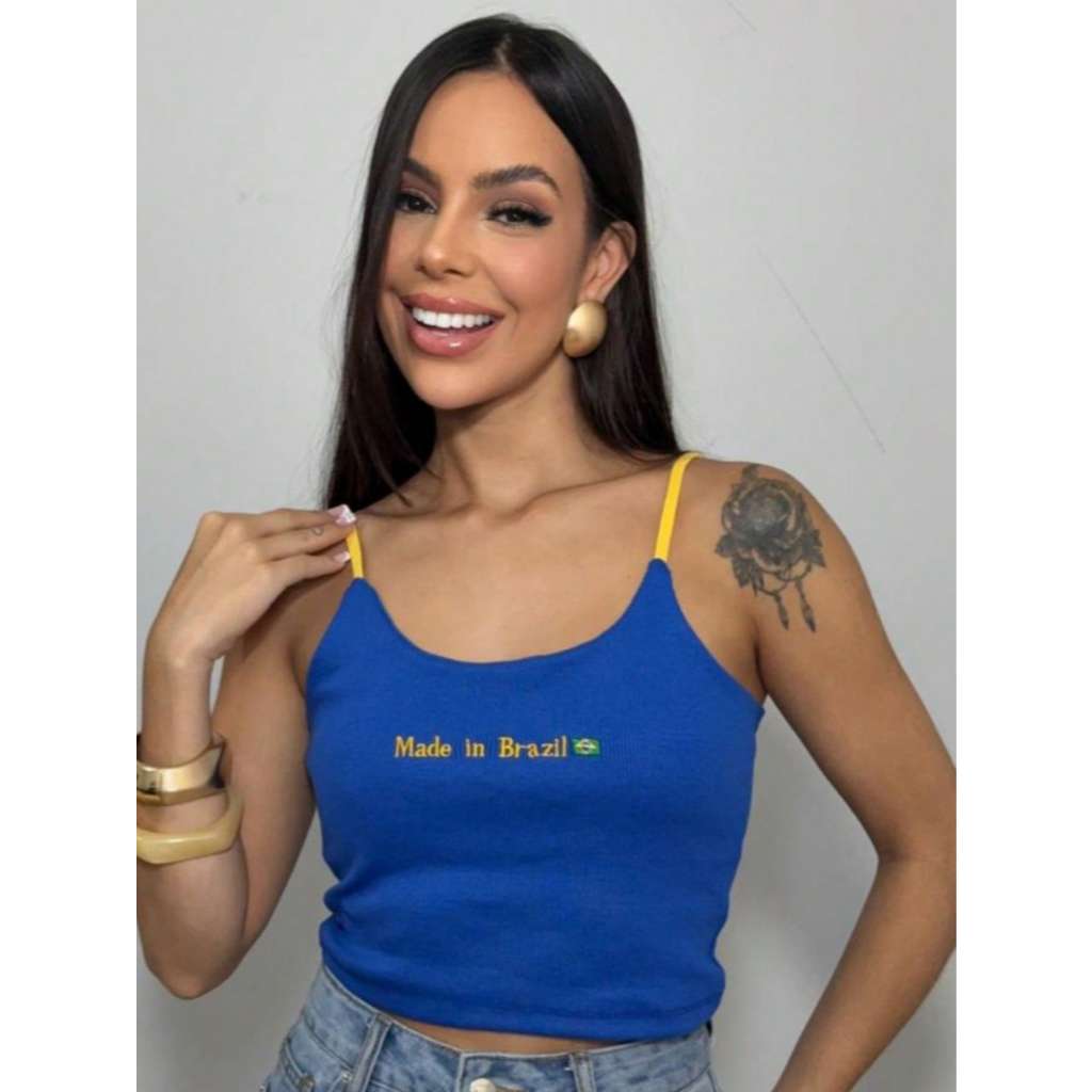 Cropped Feminino Ribana Canelado Brasil  Alcinha Casual Confortável Tendencia Moda Verão - Copa do Mundo 2026  # 12