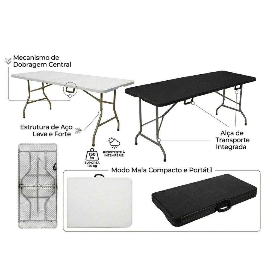 Mesa Dobrável Portátil Vira Maleta com Alça Portátil 1.80m Camping Pesca Jardim Área Externa Interna