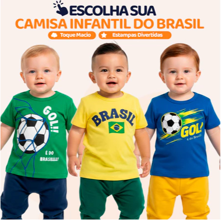Camiseta Bebê Brasil Copa do Mundo 2026 Roupa Infantil Seleção Brasileira Confortável Algodão Amarelo, Azul, Verde. L12