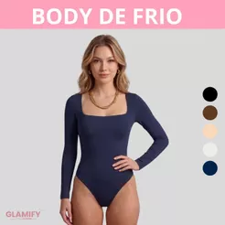 Body Manga Longa Feminino Decote Quadrado Elegante Casual Forro Duplo Suplex Segunda Pele