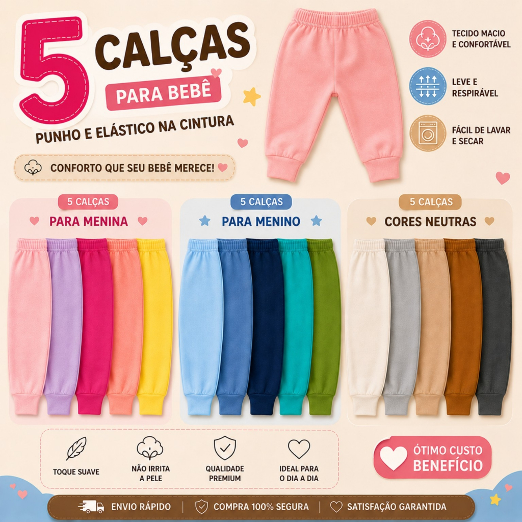 5 Calça Mijão roupa de Bebê Infantil  Sem Pé Cores Lisas 100% algodão