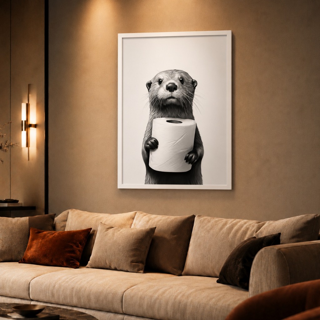 Quadro Decorativo 1 Peça Lontra com Papel Hegiênico Decoração Para Banheiro Quarto Sala e Hall