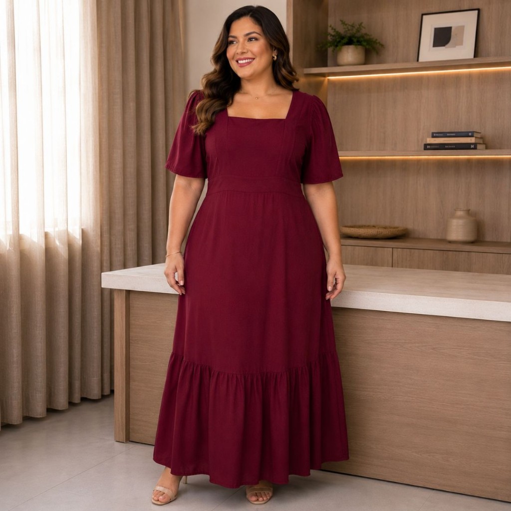 Vestido Longo Plus Size Manga Curta Moda Evangelica Soltinho Confortavel E Elegante Moderno E Casual
