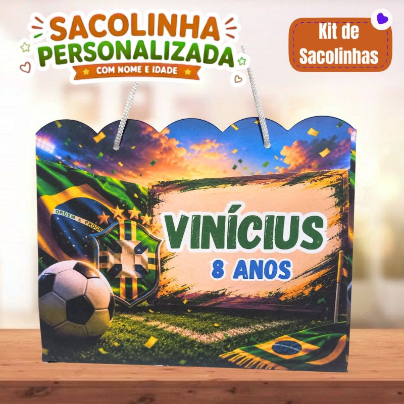 Sacolinha Personalizada Futebol Brasil | Lembrancinha Aniversário Infantil com Nome e Idade