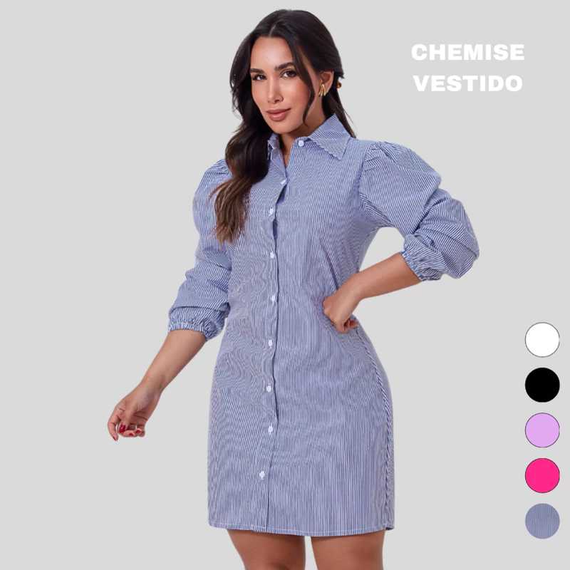 vestido chemise curto de manga longa