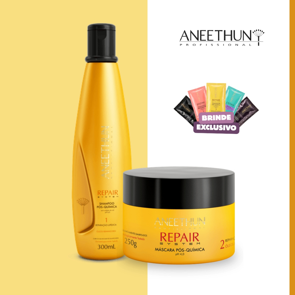 Kit Repair System Pós-Química Shampoo 300mL e Máscara 250g Aneethun Cabelos Quimicamente Danificados