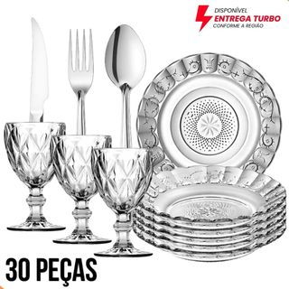 Jogo Mesa Posta 30 Peças 6 Pratos  + 6 Taças 340ml + 18 Talheres Inox Luxo Elegante Mesa …