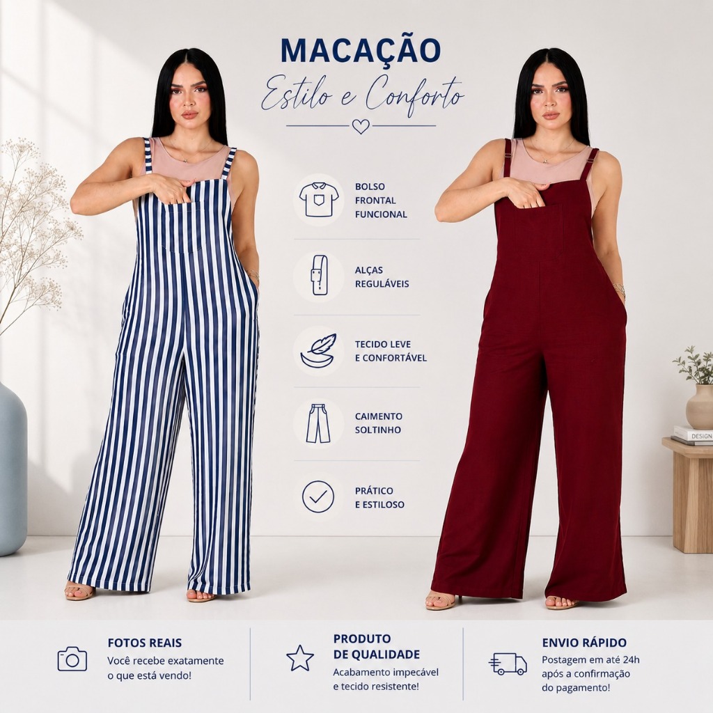 Kit 2 Macacões Pantalona Feminino Conforto Elegância pronta entrega