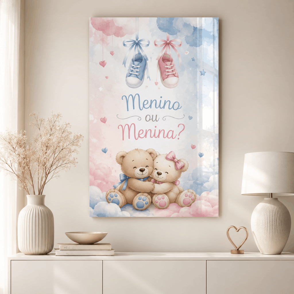 Quadro Chá Revelação Menino ou Menina Ursinhos Tênis Balões Decoração Bebê MDF