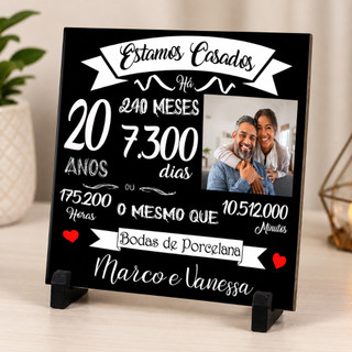 Azulejo Bodas de Porcelana 20 Anos de Casados Presente Decoração Lembrança