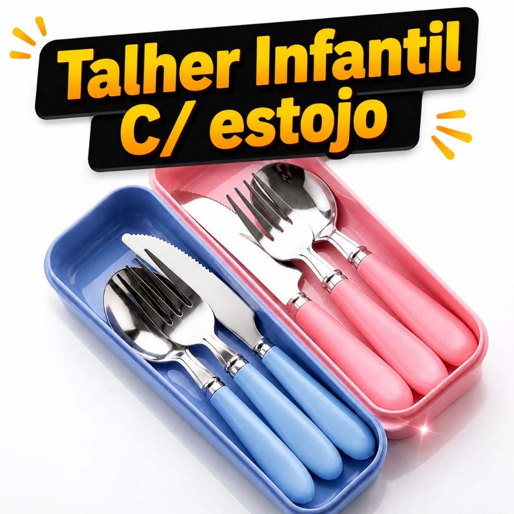 Kit Talher Infantil 3 Peças Garfo Faca Colher Aço Inox Estojo Higiênico Lancheira Escola