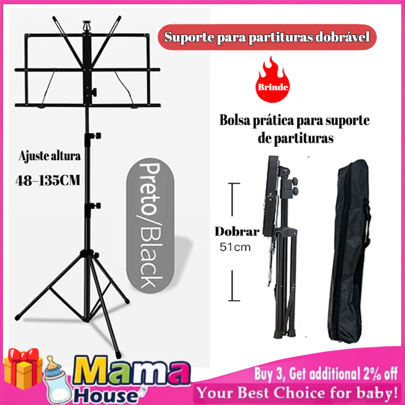 Estante De Partitura Bertô Suporte Pedestal Musical Hinário Maestro Dobrável Com Bolsa Bag Tripé