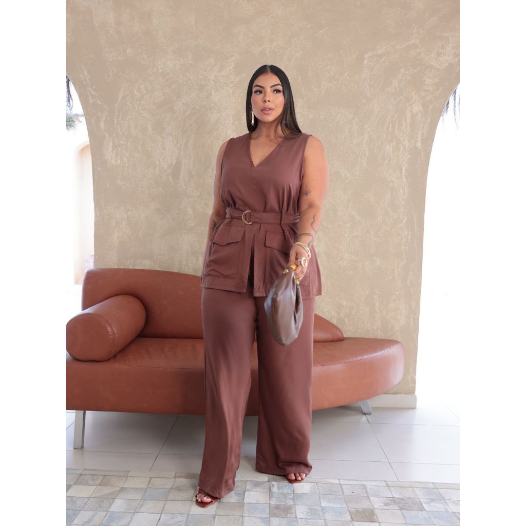 Conjunto Plus Size Feminino Cinto Sofisticado Fivela Pantalona Cintura Alta Elástico Elegante Confortável Moda 46 e 50