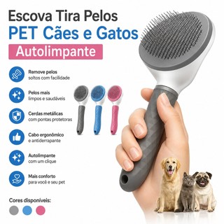 Escova Tira Pelos PET Cães e Gatos Autolimpante Profissional com Botão de Limpeza Cerdas …