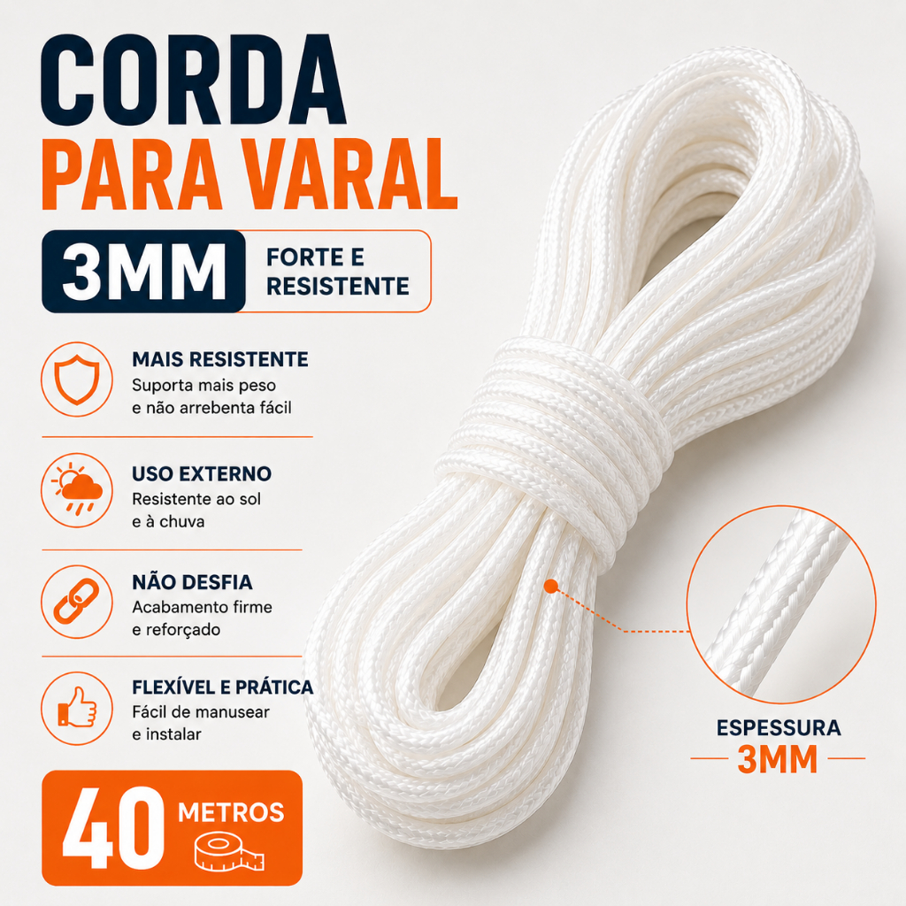 Corda Pra Varal 40 Metros 3mm Forte Reforçada Quintal Camping Apartamento
