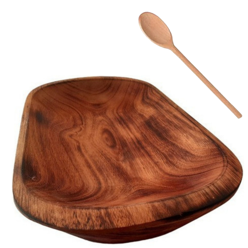 Gamela De Madeira Maciça 50x30 Bandeja Para Churrasco Saladas + Colher De Pau