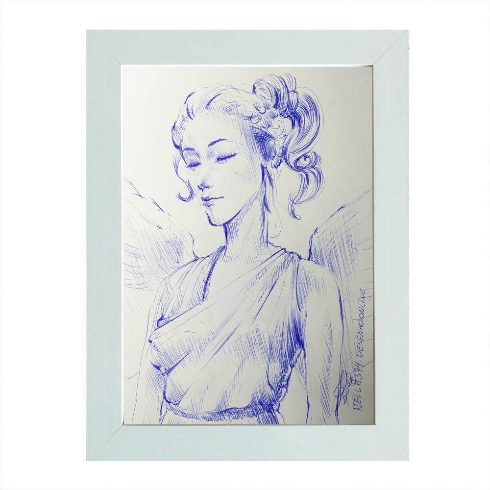 Quadro desenho original caneta azul Sonho Alado A5 moldurado assinado arte original reel #374