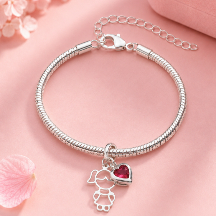 Berloque Filha Menina com Coração Rosa Pingente para Pulseira berloqueiras Presente para Mãe