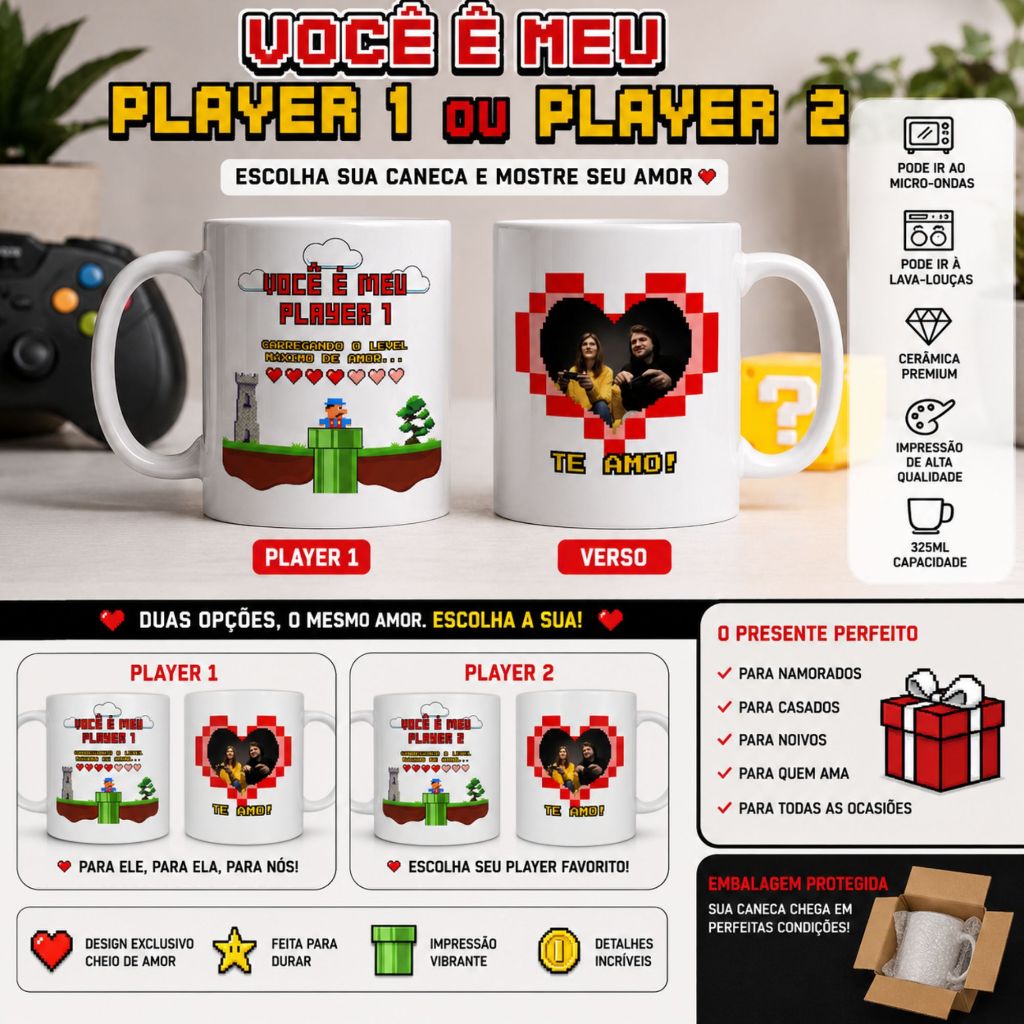 Caneca Gamer Personalizada Player 1 e Player 2 com Foto | Presente para Casal 325ml