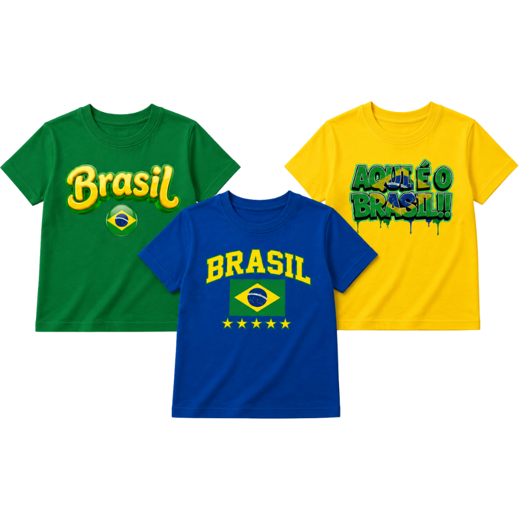 Kit Com 03 Camisetas Camisas Infantil Criança Brasil Juvenil Copa do Mundo Torcida 100% Algodão
