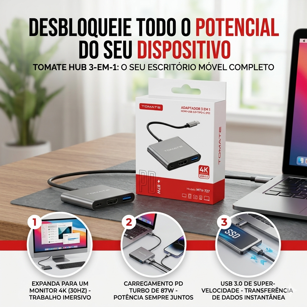 Hub Adaptador USB-C 3 Em 1 HDMI 4K USB 3.0 PD 87W Para Celular Notebook