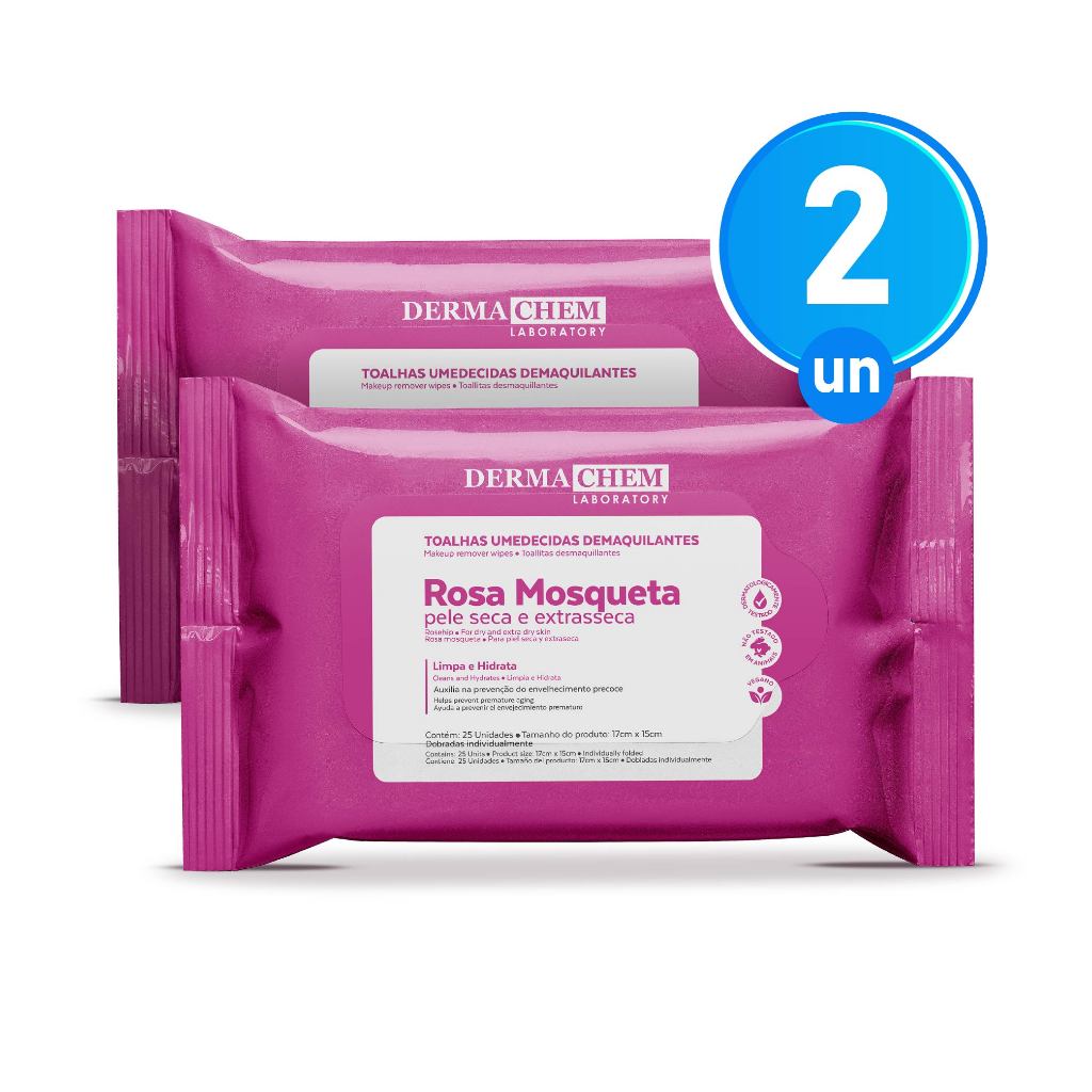 Kit 2 Toalhas Umedecidas Demaquilantes com Rosa Mosqueta 25 Lenços Limpeza e Hidratação da Pele Dermachem
