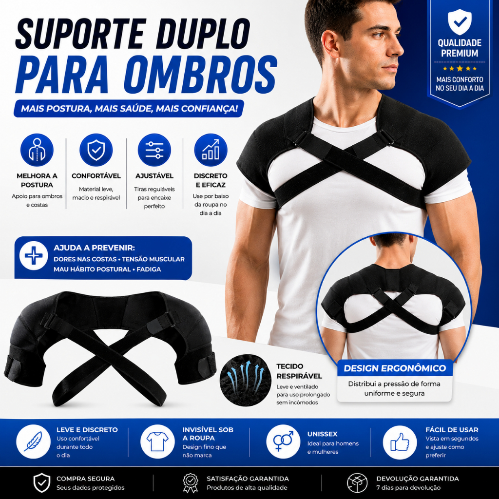 Suporte Duplo de Ombro Ombreira Ortese Ajustável Flexível Alívio dya Dor