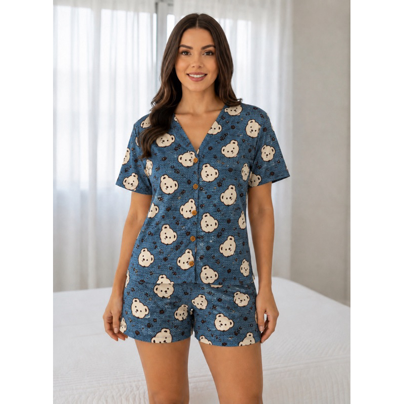 Baby Doll Amamentação Pijama Americano Cirúrgico pijama Blogueira Virgínia home office  com botões em Suede
