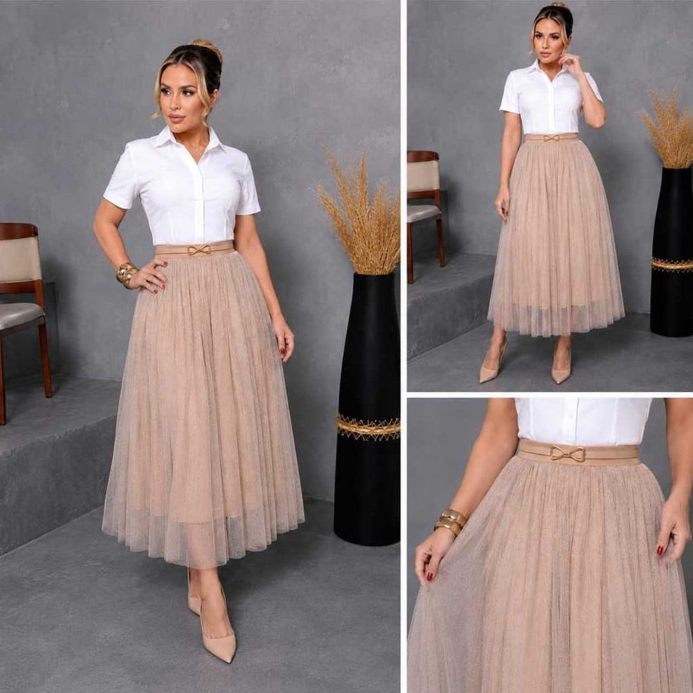 Saia Tule Cristal Midi Brilho Glitter Forrada – Saia Elegante Moda Evangélica Festividade