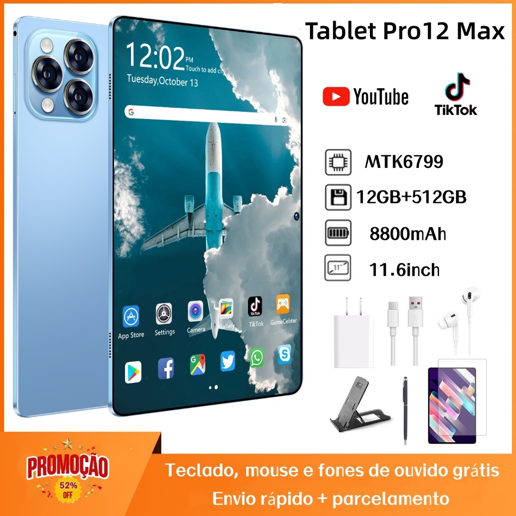 【Teclado, mouse e alto-falantes gratuito】Tablet  Pro12 11,6 polegadas, 12 GB + 512 GB, bateria de 8.800 mAh, Android 15