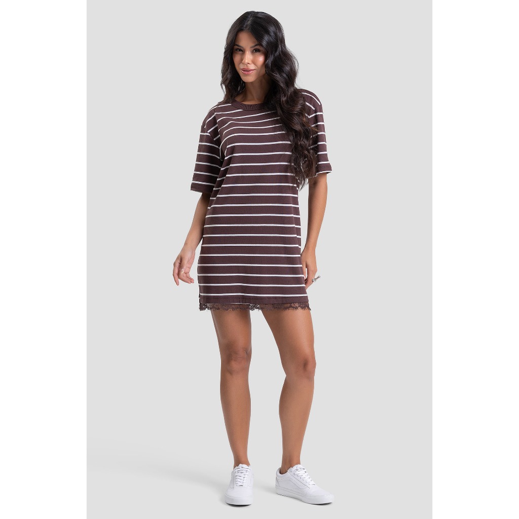 Vestido Feminino Listrado Curto Listrado Renda Na Barra Macio Soltinho Elegante Casual Confortável