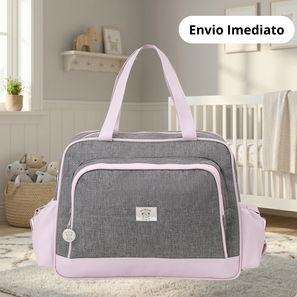 Bolsa Maternidade Tamanho Grande Monte Carlo Cinza e Rosa + Trocador - Big Bag Baby
