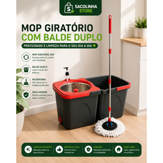 Mop Giratório Duo 360 Balde Duplo Centrífuga Inox Cabo Ajustável Limpeza Prática
